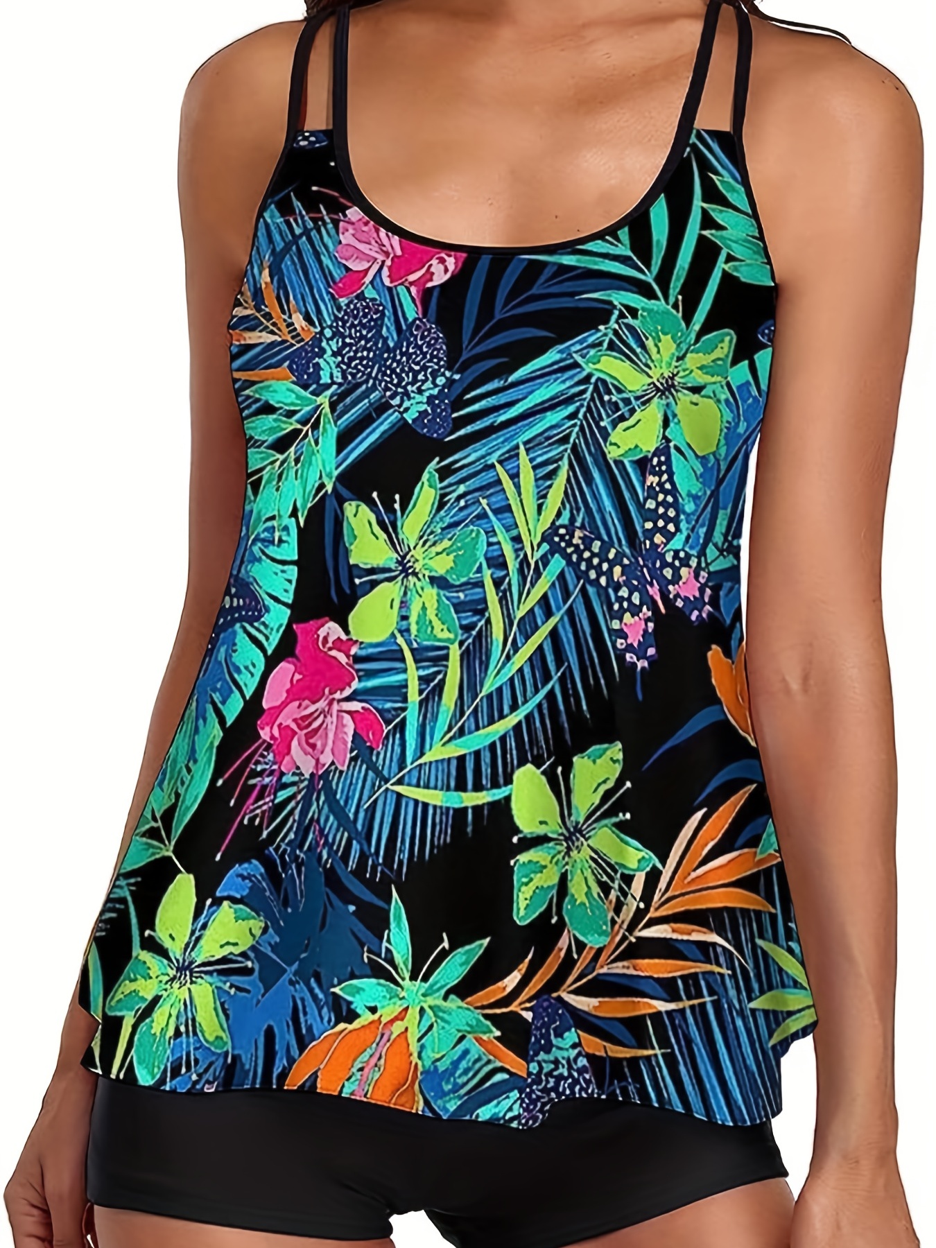 Tropical Print Scoop Neck Swimsuit High Stretch - Temu Canada