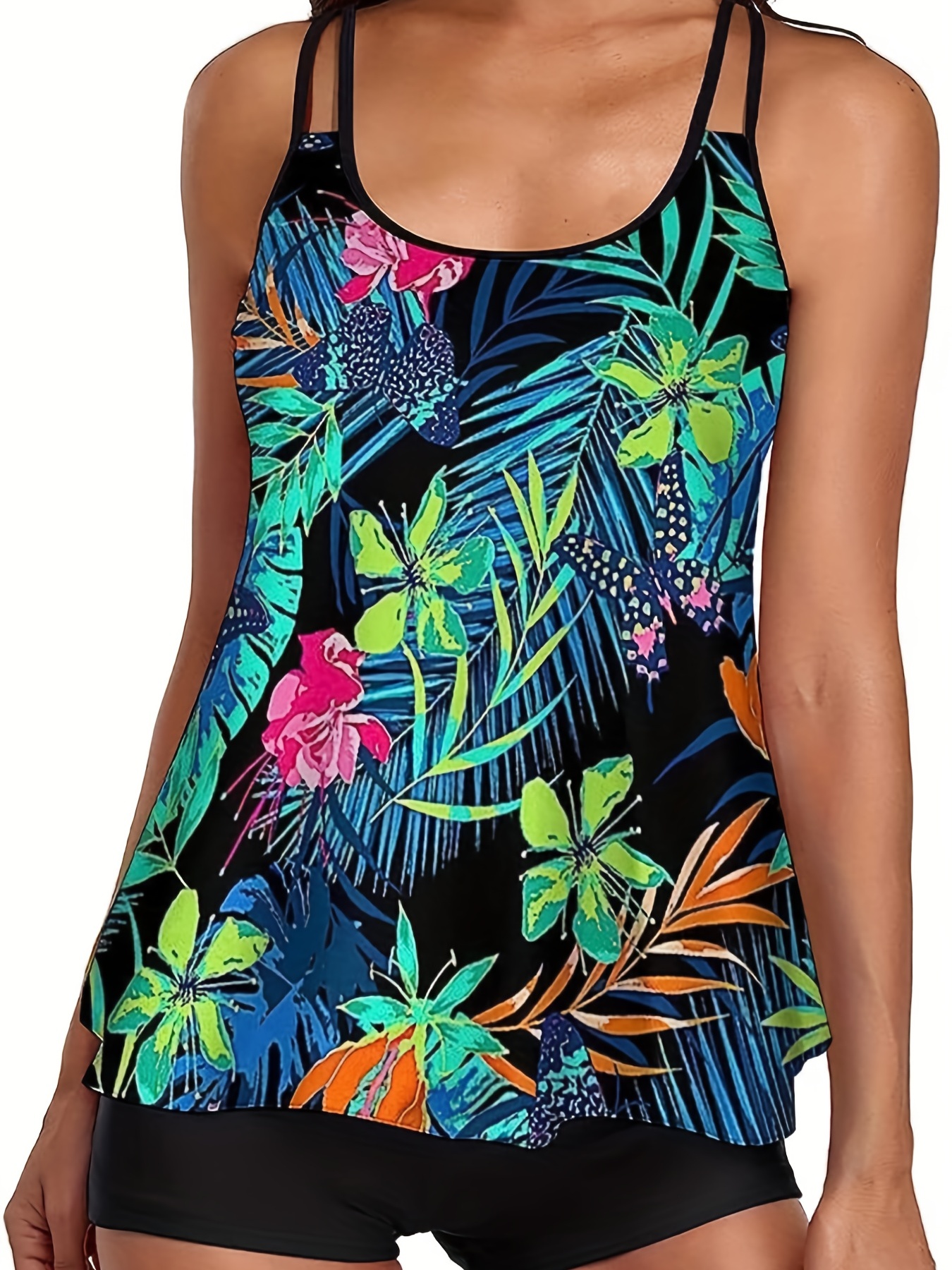 Tropical Leaf Print Scoop Neck Tankini Hollow Strap Medium - Temu Canada