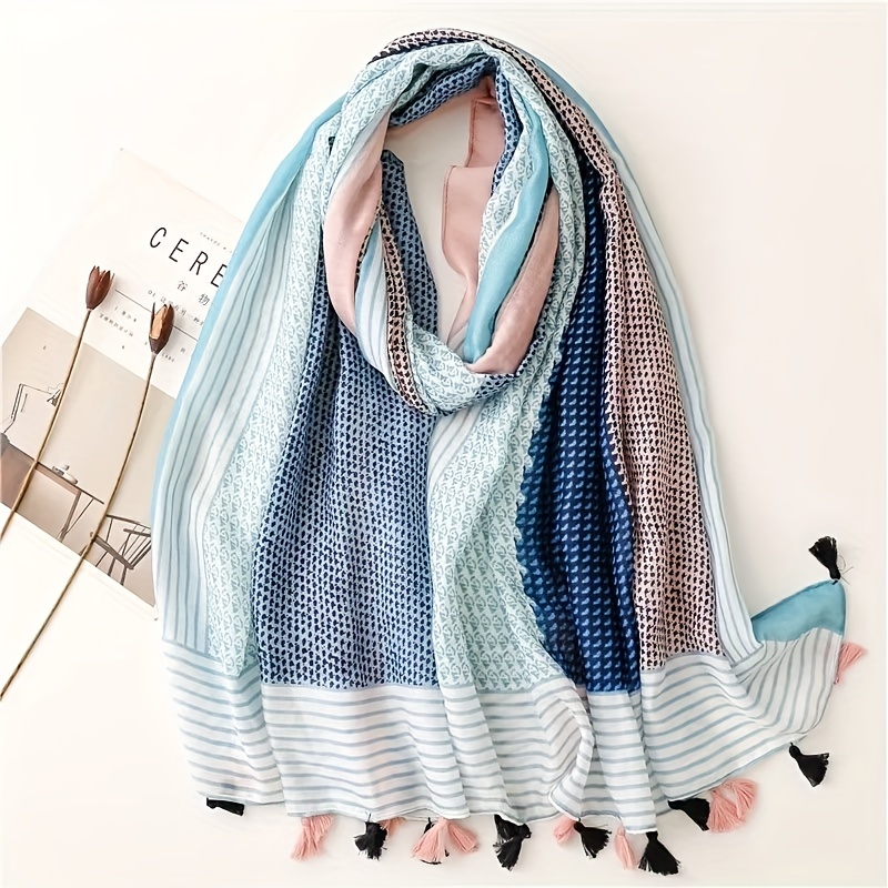 

Striped Color Block Scarf Vintage Printed Tassel Shawl Casual Windproof Head Wrap Sunscreen Travel Beach Towel For Women