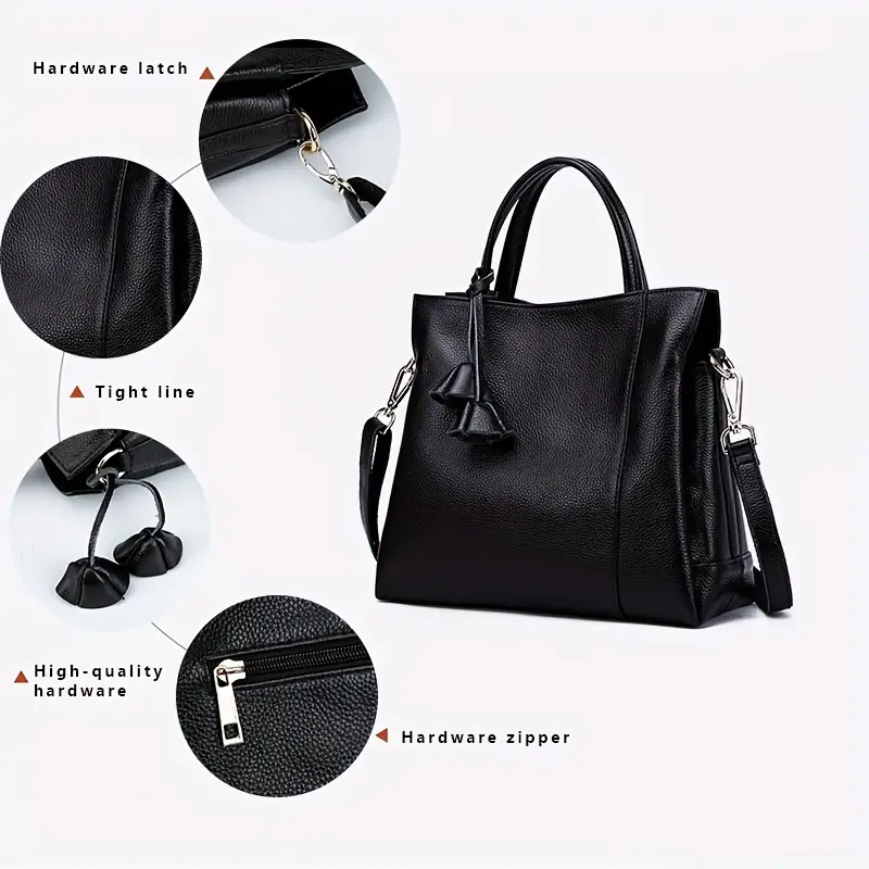 Luxury Leather Handbag For Women, Stylish Solid Color Tote Bag, Satchel  Purse With Flower Pendant