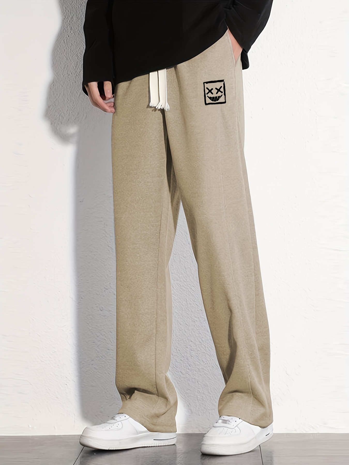 Grin Face Cotton Sweatpants Men's Casual Solid Loose Fit Drawstring Pants