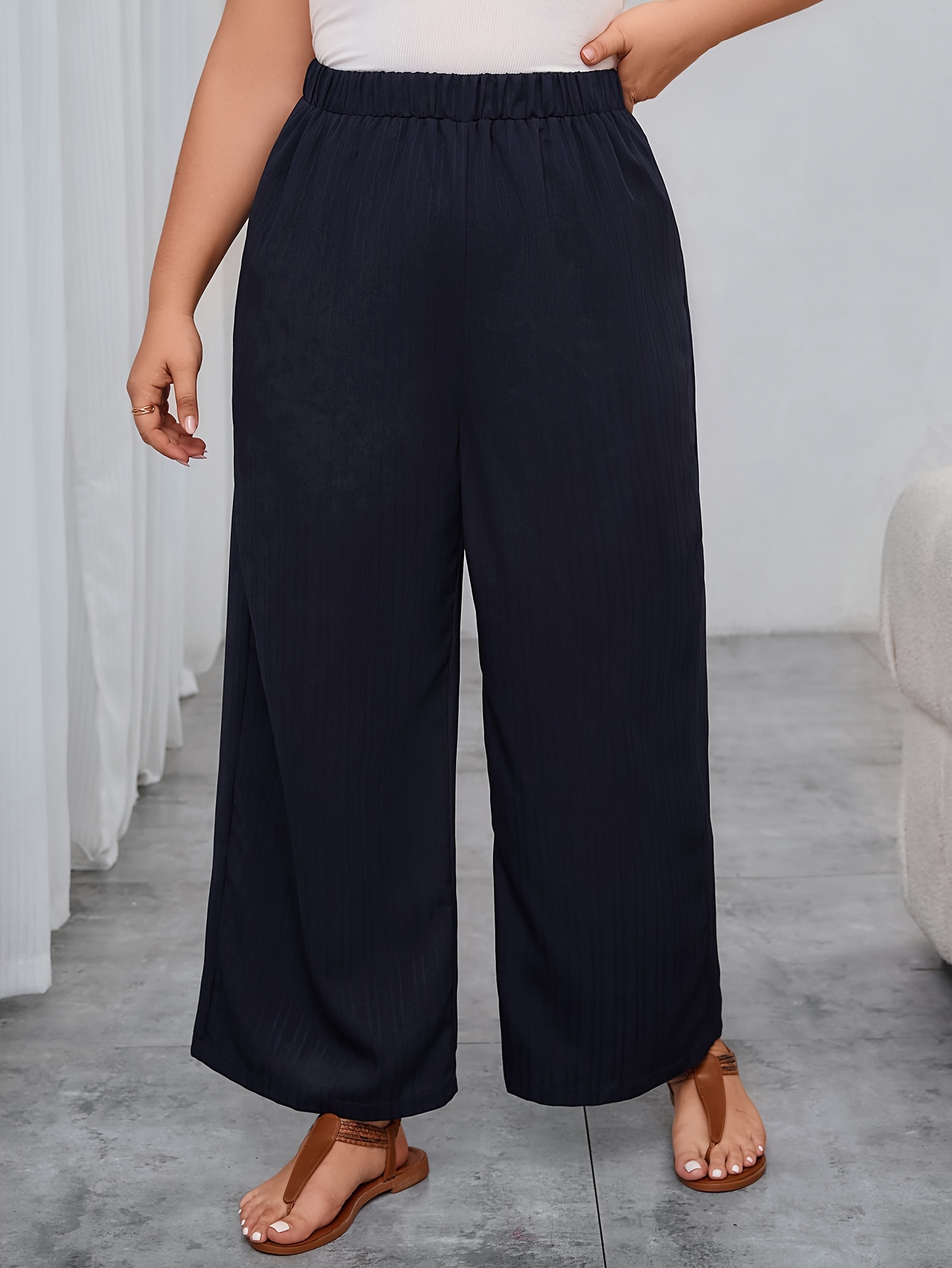 Plus Size Casual Solid Pants Women's Plus Elastic High - Temu