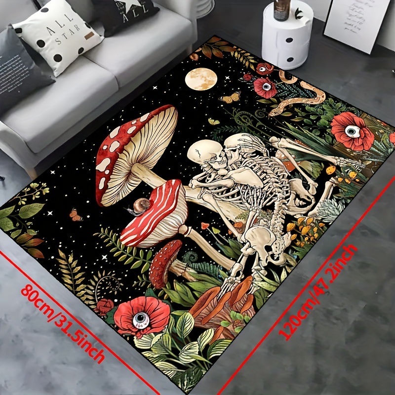 Fantasy Mushroom Print Area Rug Romantic Skull Non slip Halloween Resistant Rug