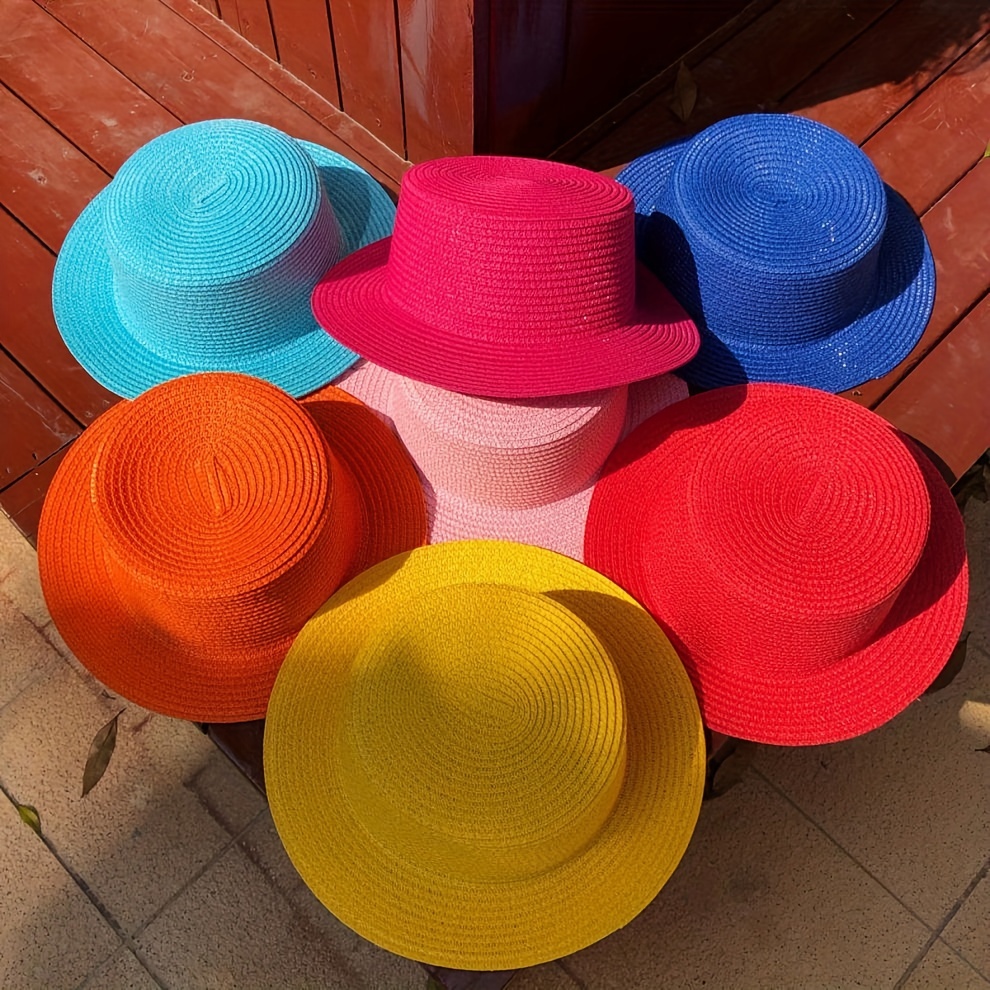 Summer Women Hollow Straw Hat Color Matching Hem Bucket Hat Folding Sun Hat
