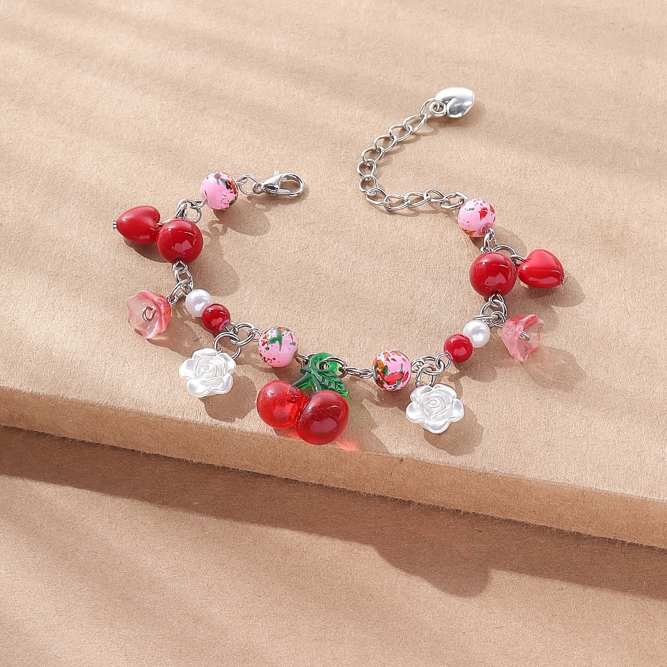 Glass Bead and Flower Charm Bracelet