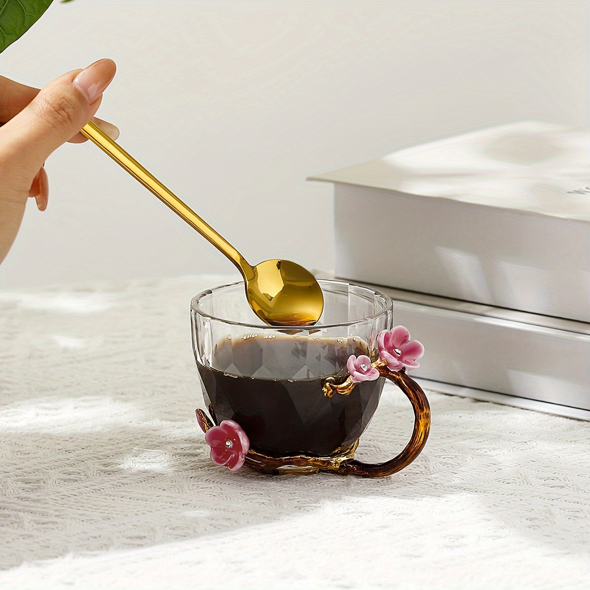 1pc Tasse À Thé En Cristal Émaillé Avec Fleurs Mug À Café De