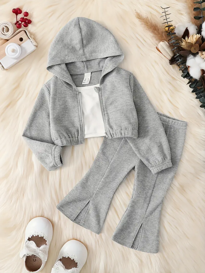baby girl autumn and winter waffle outfit elastic cuff zipper hooded top elastic waist slit pants set children stylish outfit details 1