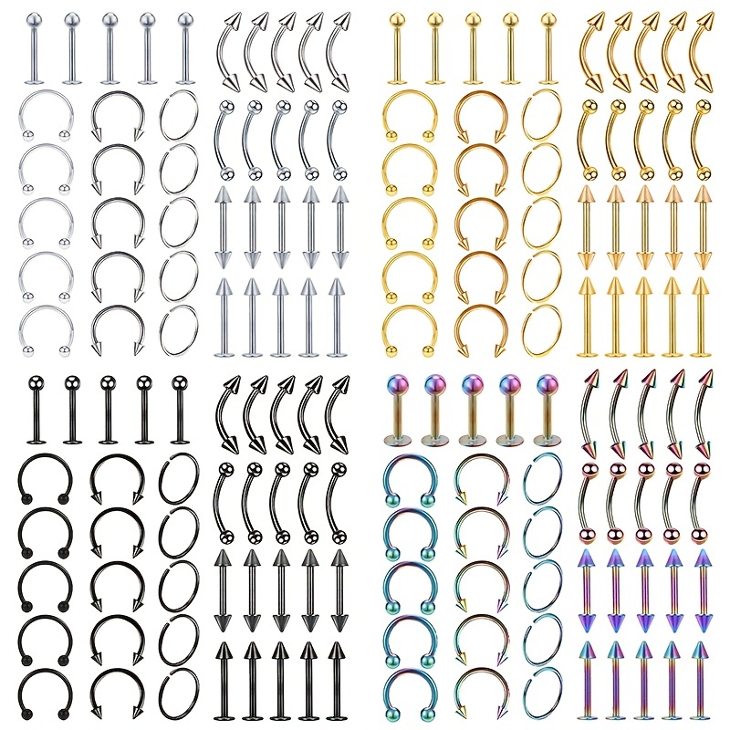 

40pcs Stainless Steel Body Piercing Jewelry For Nose Eyebrow Lip, Fashion Simple Horseshoe Rings Set