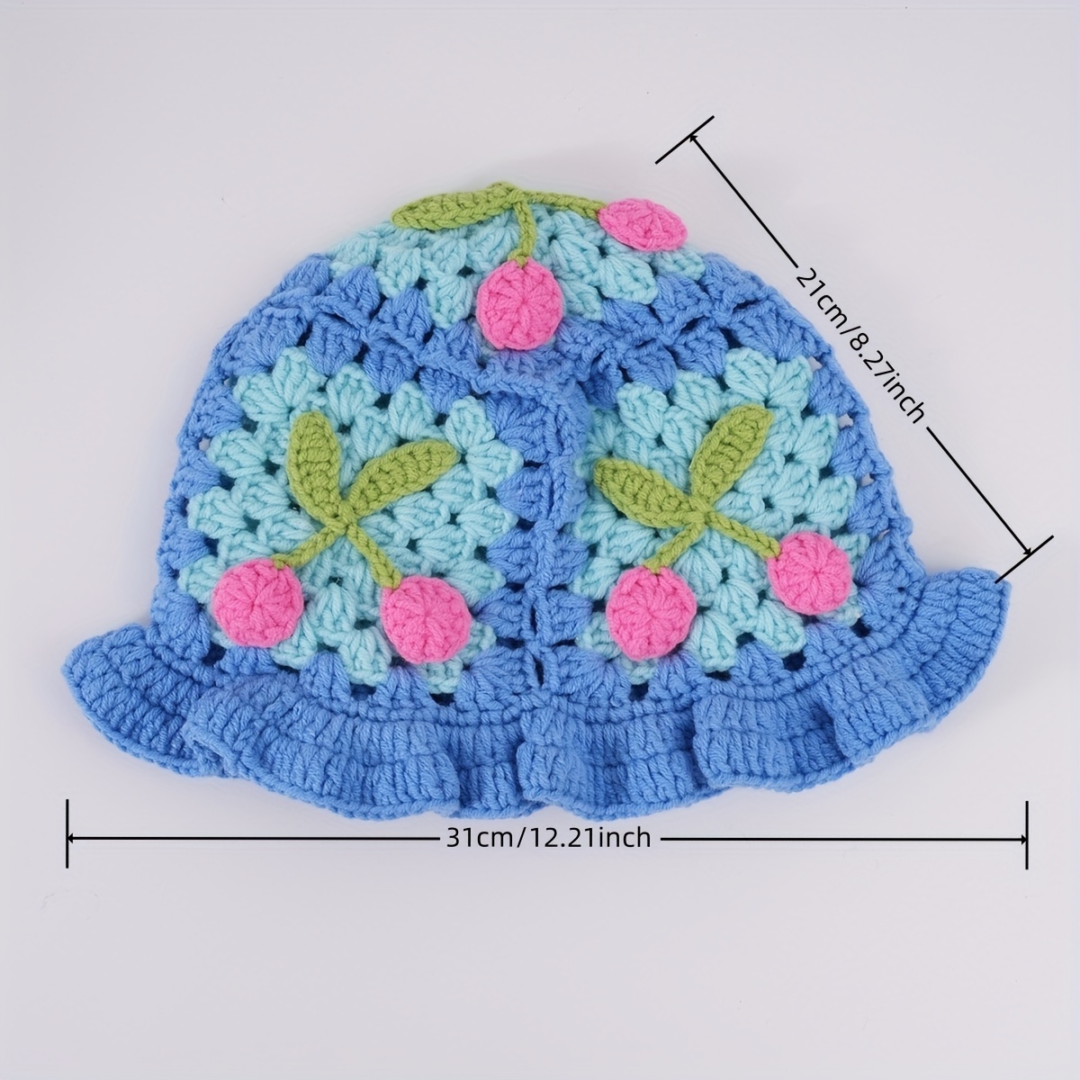 Kawaii Cheery Pattern Crochet Hat, Fashion Breathable Bucket Hat, Fishing Hat for Autumn Winter,Temu