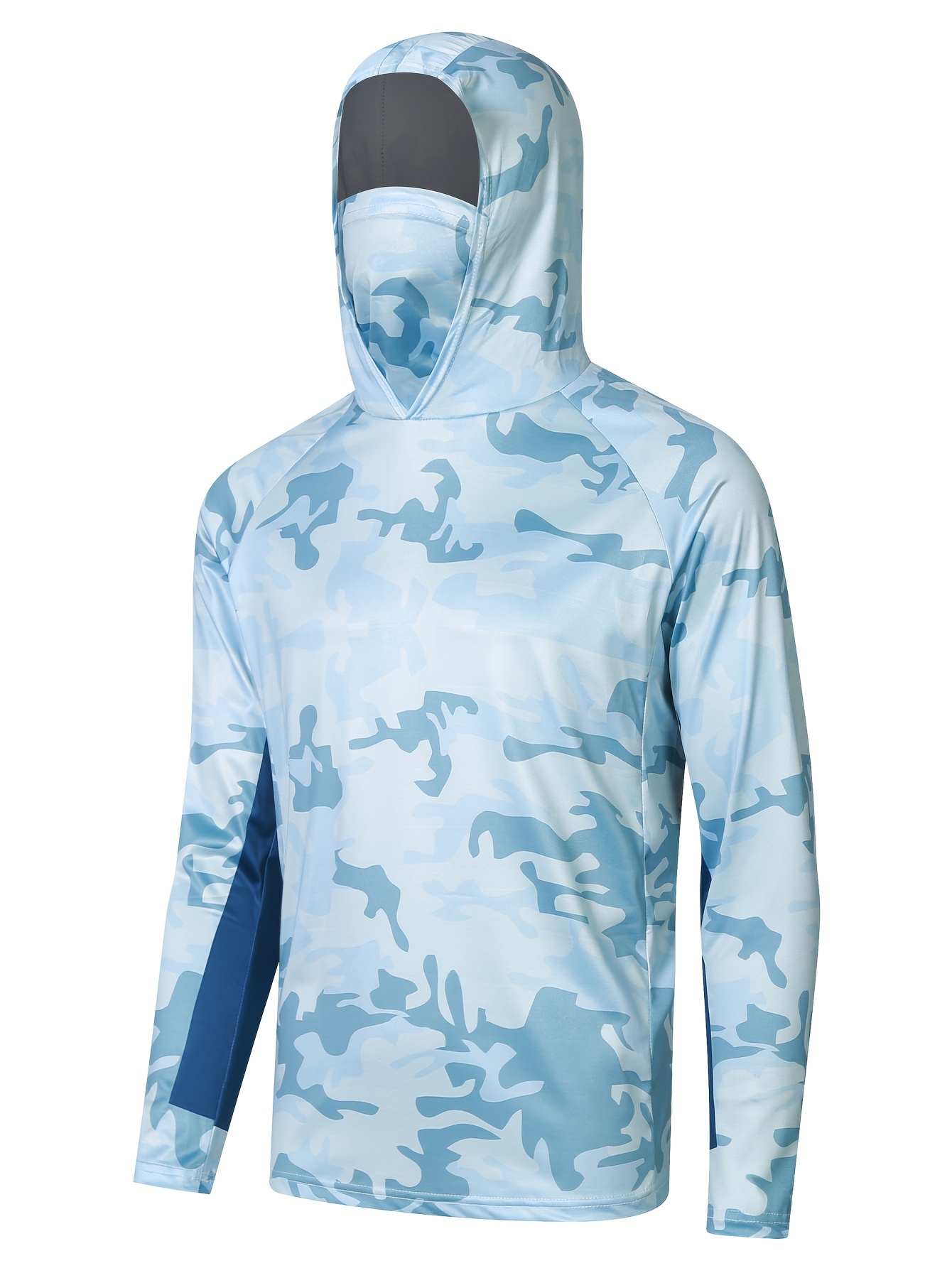 Men's UPF 50+ Sun Protection Hooded Shirt With Mask, Active Blue Camo Quick Dry Slightly Stretch Long Sleeve Rash Guard For Fishing Hiking Cycling