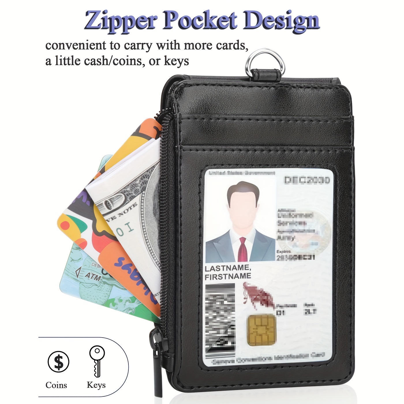 Lanyard Wallet with Genuine Leather Badge Holder with 1 ID Window & 2 Back  Card Pockets.