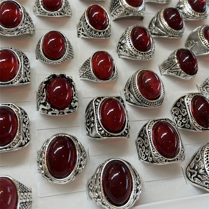 5pcs Set Men's Silvery Oval Red Stone Rings