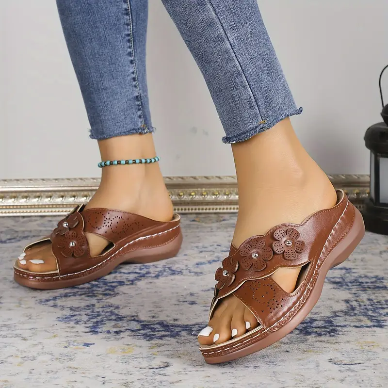 women s flower decor wedge heeled sandals casual open toe details 4