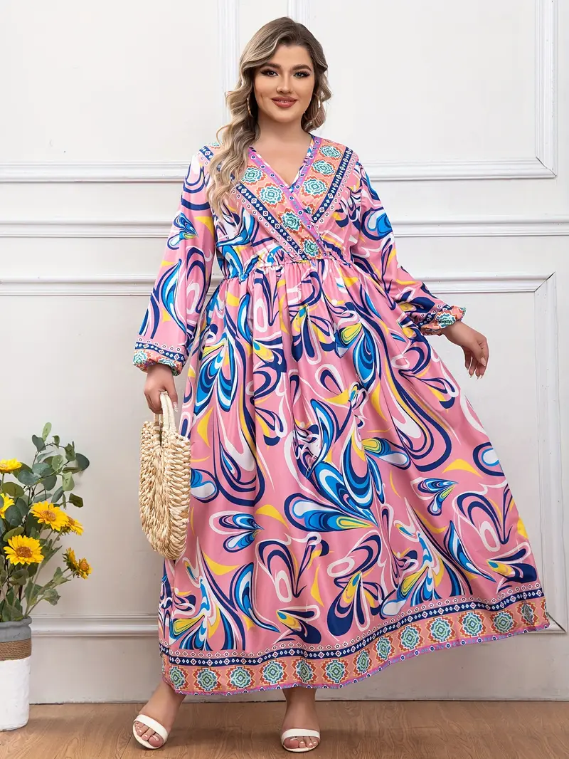 Plus Size Floral Print Dress, Casual V Neck Long Sleeve Dress, Women's Plus Size Clothing Plus Size Floral Print Dress, Casual V Neck Long Sleeve Dress, Women's Plus Size Clothing