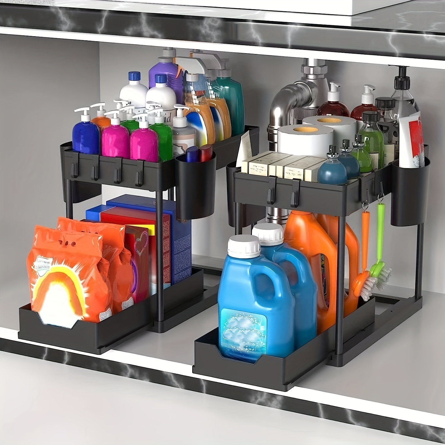 Under Kitchen Sink Organizers and Storage, 2 Tier Multi-Purpose Sliding  Shelf