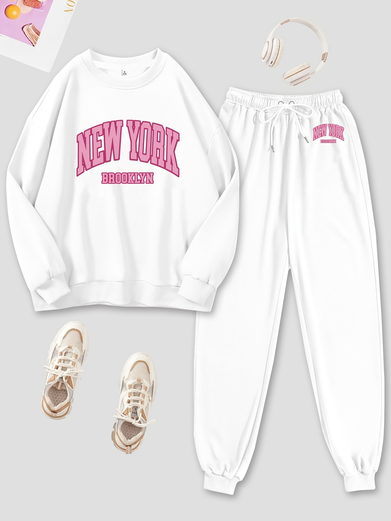 New York Print Pullover Sweatpants Two Piece Set Solid Long - Temu Australia