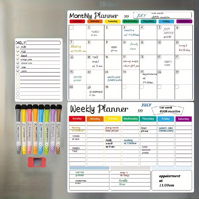 

Magnetic Dry Erase Calendar Whiteboard Set For Refrigerator, Wall, And Fridge Organization, 3pcs Monthly, Weekly, And Daily Notepads. Comes With 8 Markers And 1 Eraser
