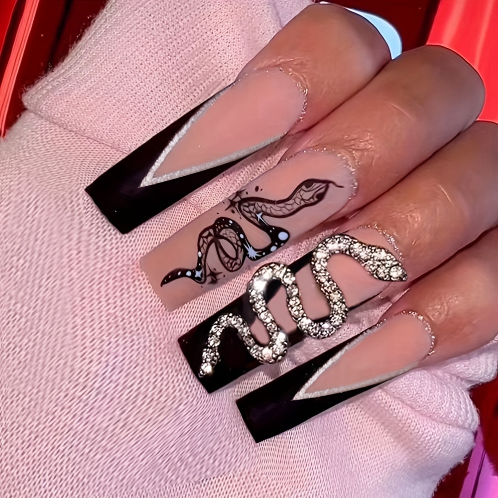 Long Luxury Rhinestone Fake Nails Black French Tips Press On False Nails  Natural Full Cover Coffin Artificial Fake Nails For Women Girls, Halloween  Nails - Temu