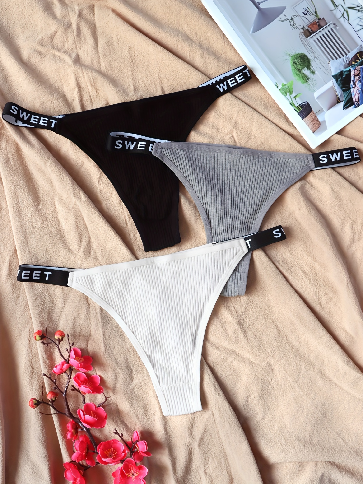 3pcs Soft Letter Tape Thong Panties Comfort Sexy Low Waist - Temu Canada