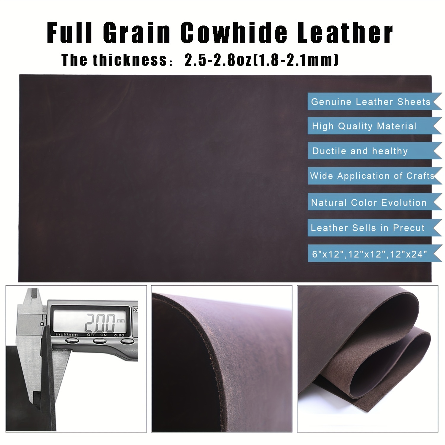 Black Leather Sheets for Crafts Tooling Leather Square 1.8-2.1mm Thick Full  Grain Leather Pieces Genuine Cowhide Leather for Crafts Sewing Hobby