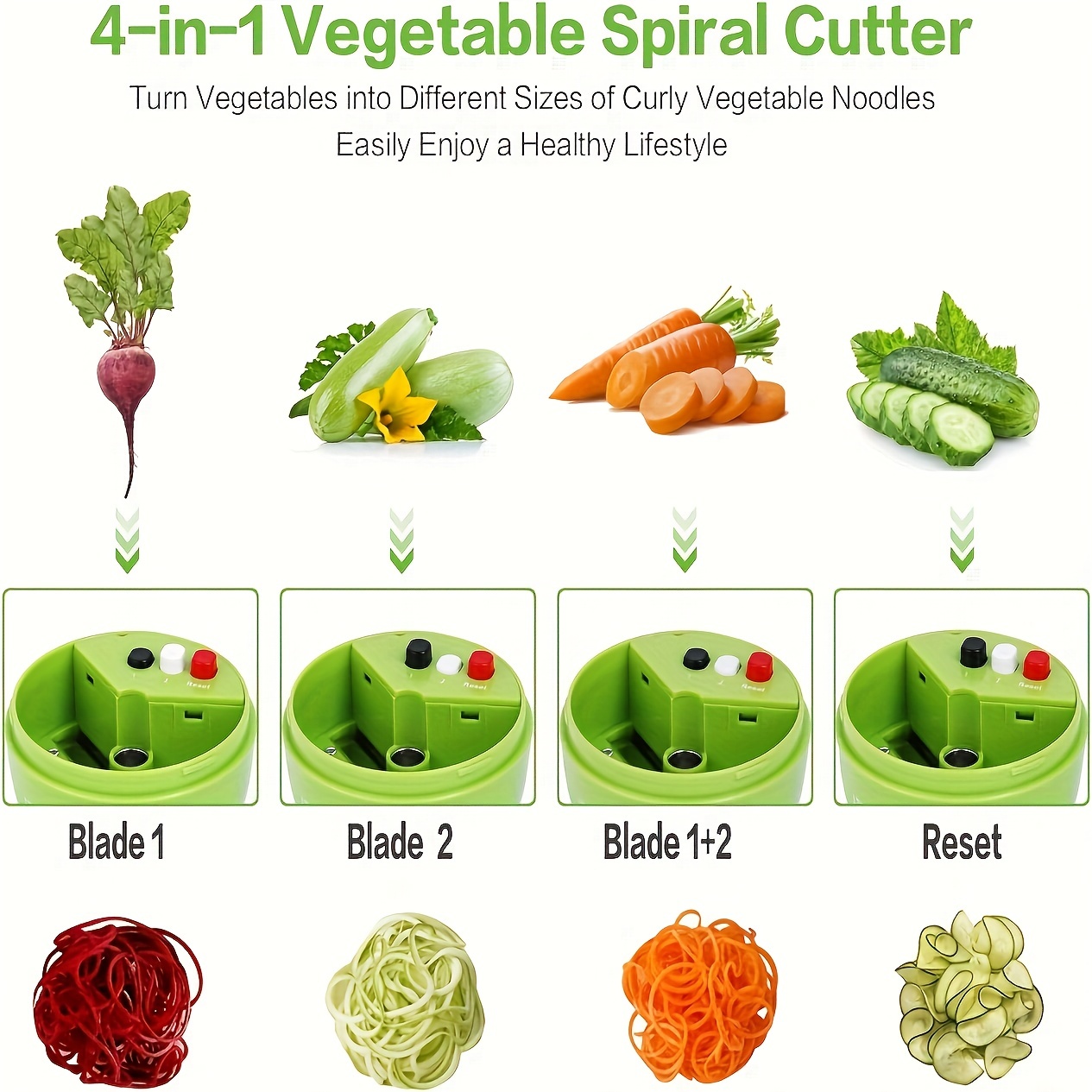 4in1 Veggie Spiralizer Manual Zucchini Noodle Maker Multifunctional