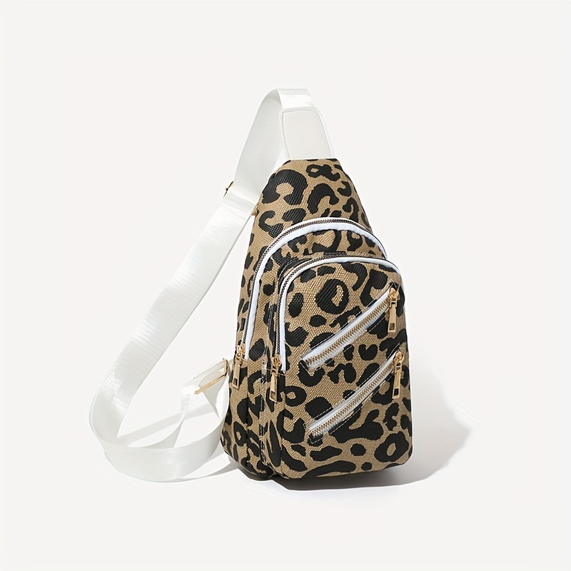 Leopard Pattern Sling Chest Bag, Multi Zipper Crossbody Bag