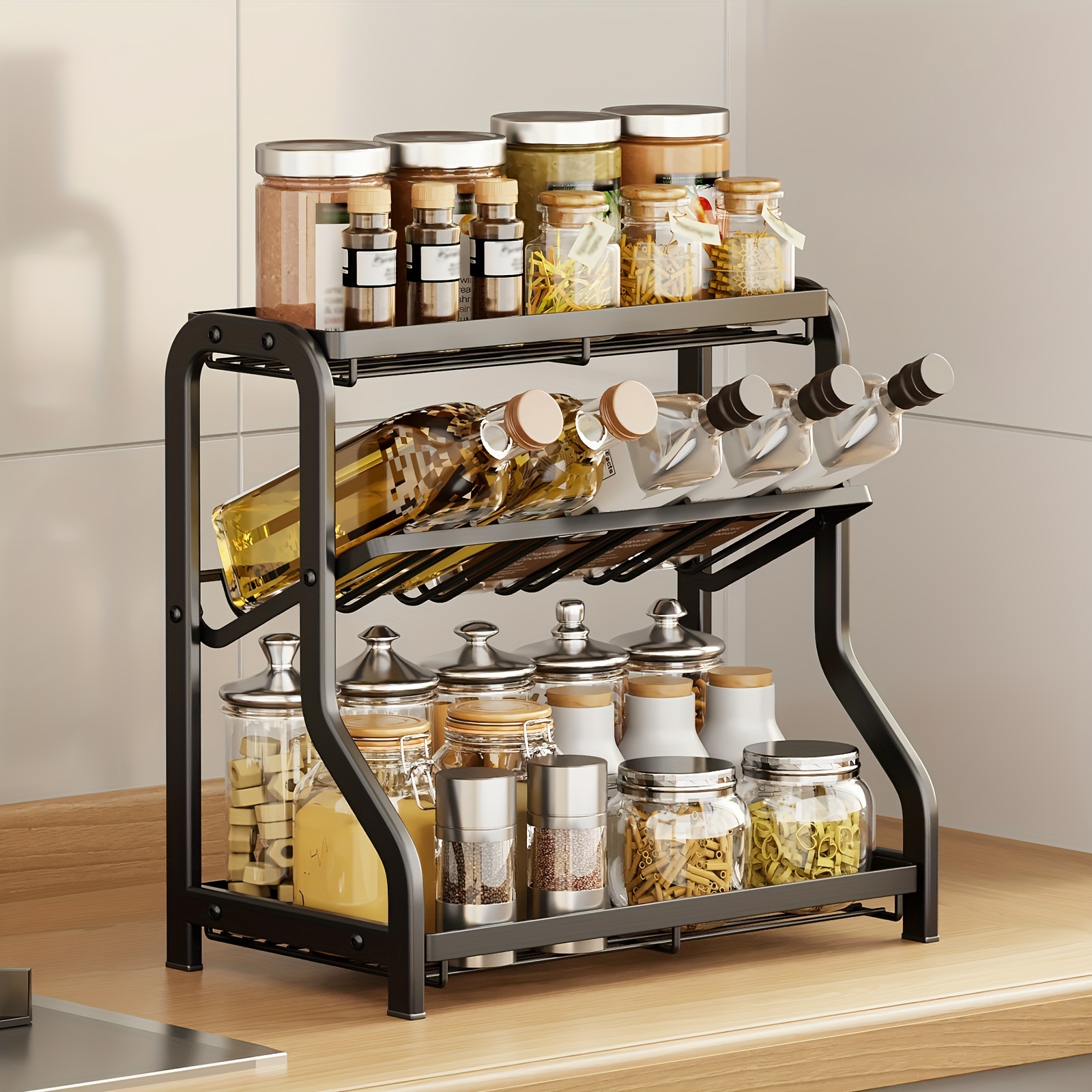 2-Tier Spice Rack, Kitchen Cabinet Organizer Kitchen Storage Rack Sauce  Bottle, 2 Spice Storage Shelves, Stainless steel 
