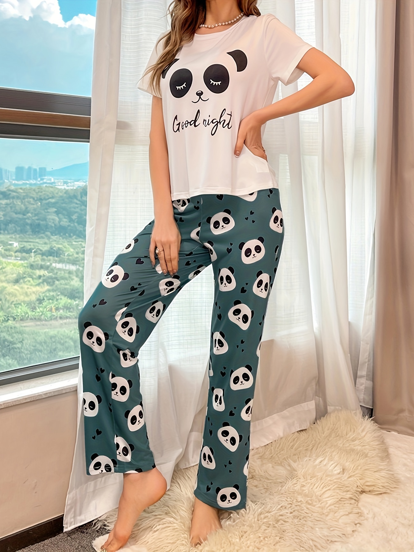 Women 2 Piece Cartoon Short Sleeve Crop Top Pajama Set Panda Letter Print  Shirt Pants Summer Sleepwear Home Clothes Suit Nighty