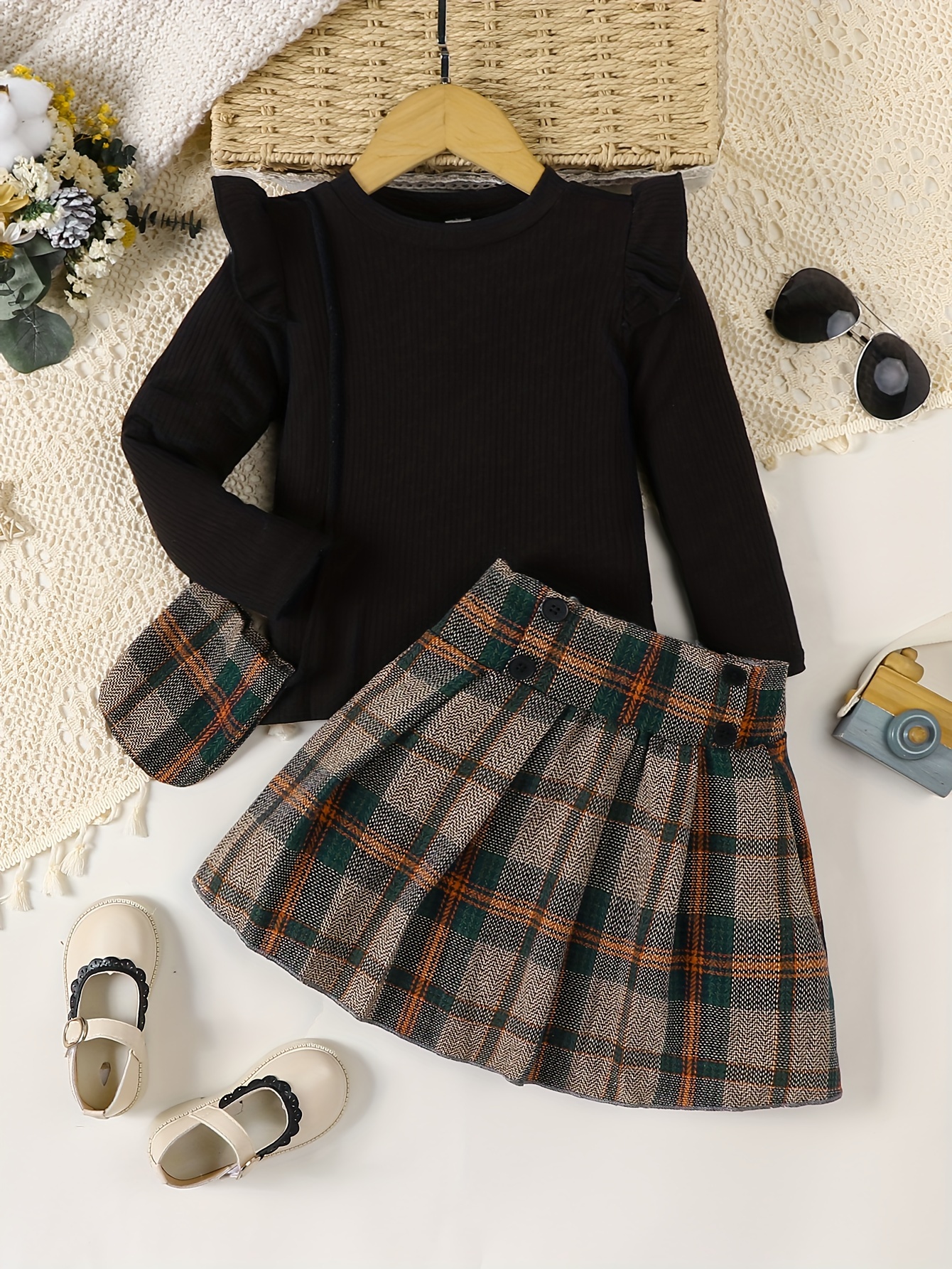 Girl's Ribbed Long Sleeve Top Corduroy Skirt Set Button - Temu