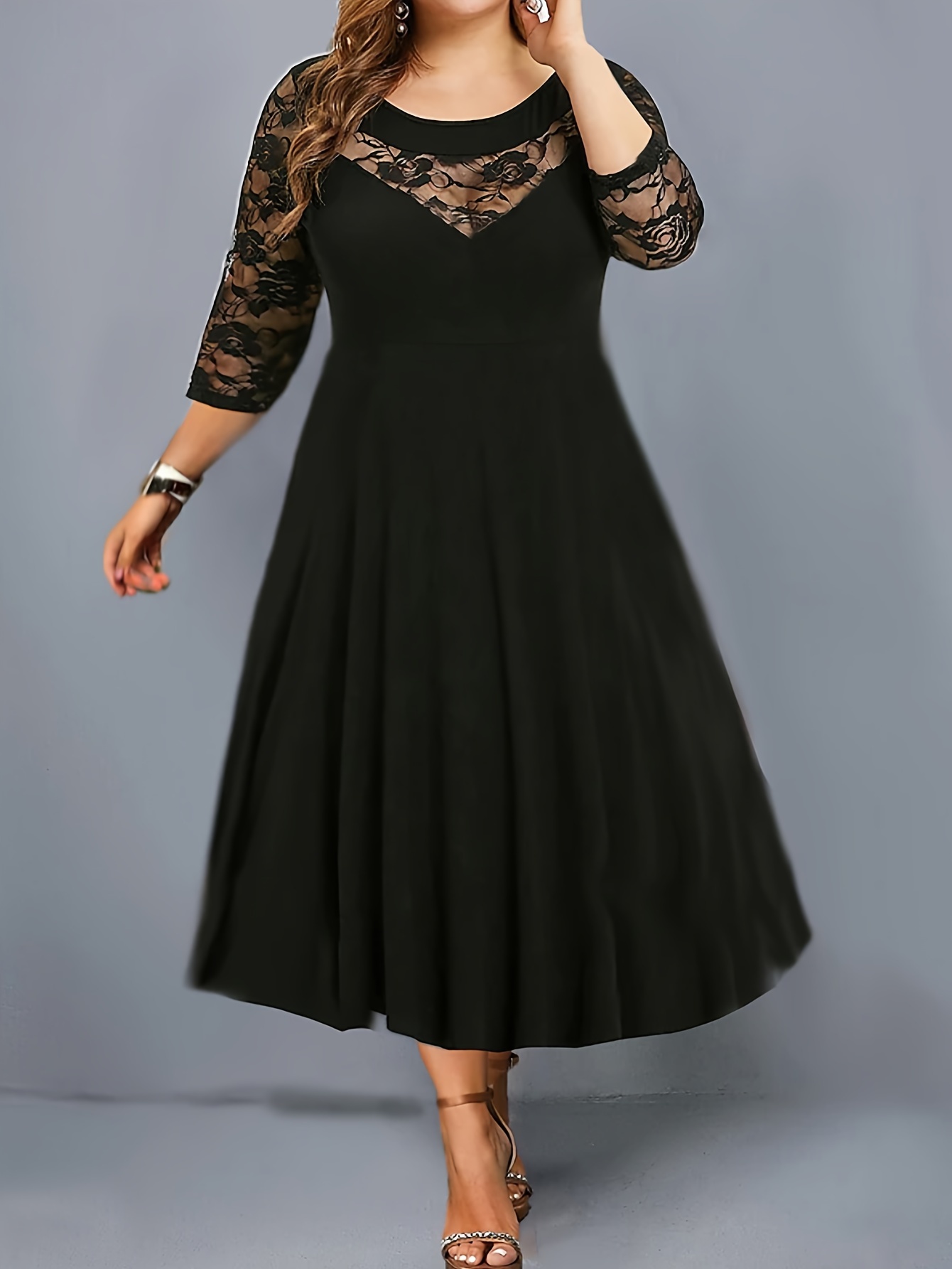 Plus Size Casual Dress, Women's Plus Solid Contrast Guipure Lace Trim Cap  Sleeve Stand Collar A-line Smock Dress