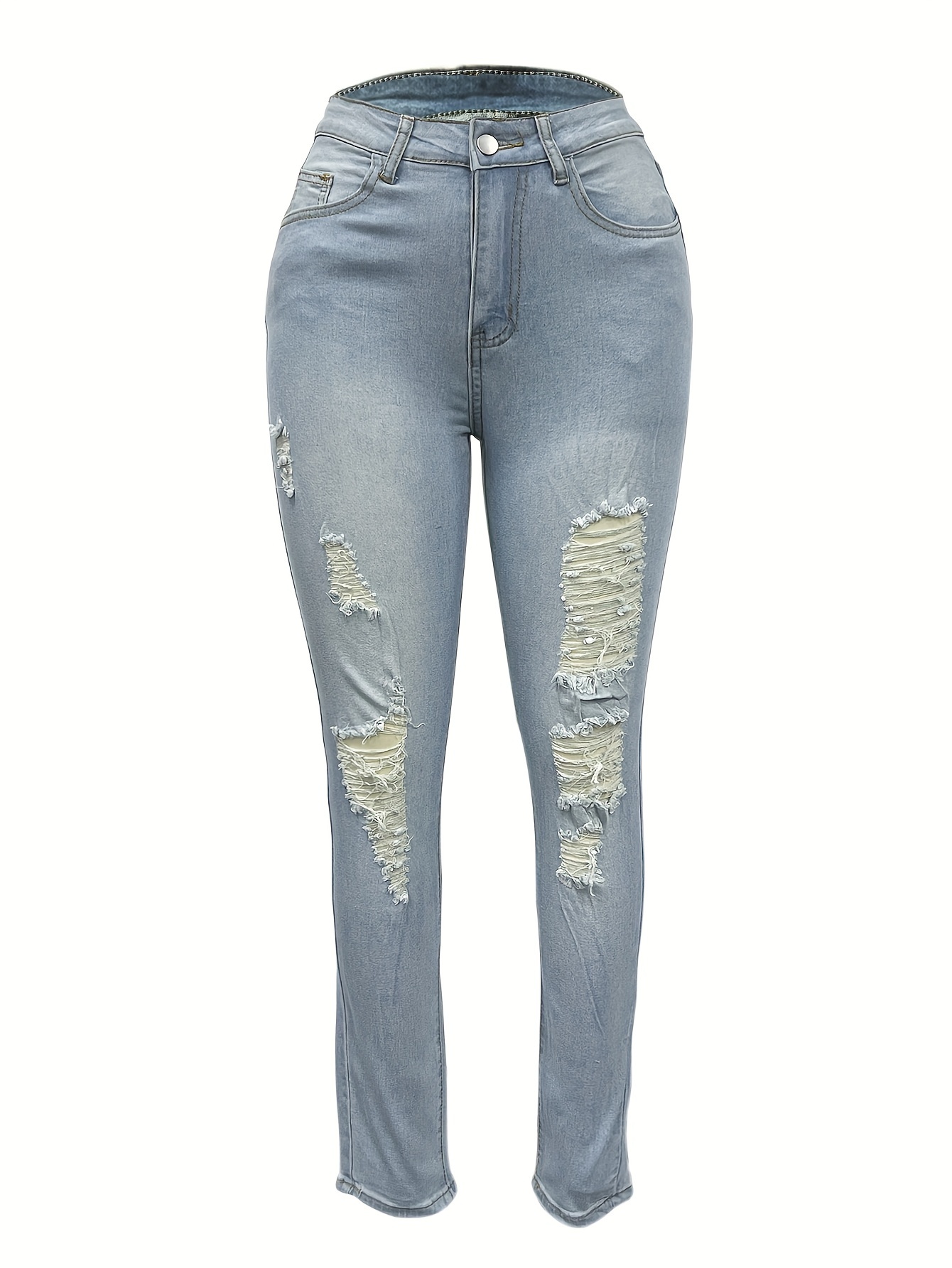 Double Button Ripped Skinny Jeans, High * Washed Blue Stretchy Denim Pants,  Women's Denim Jeans & Clothing