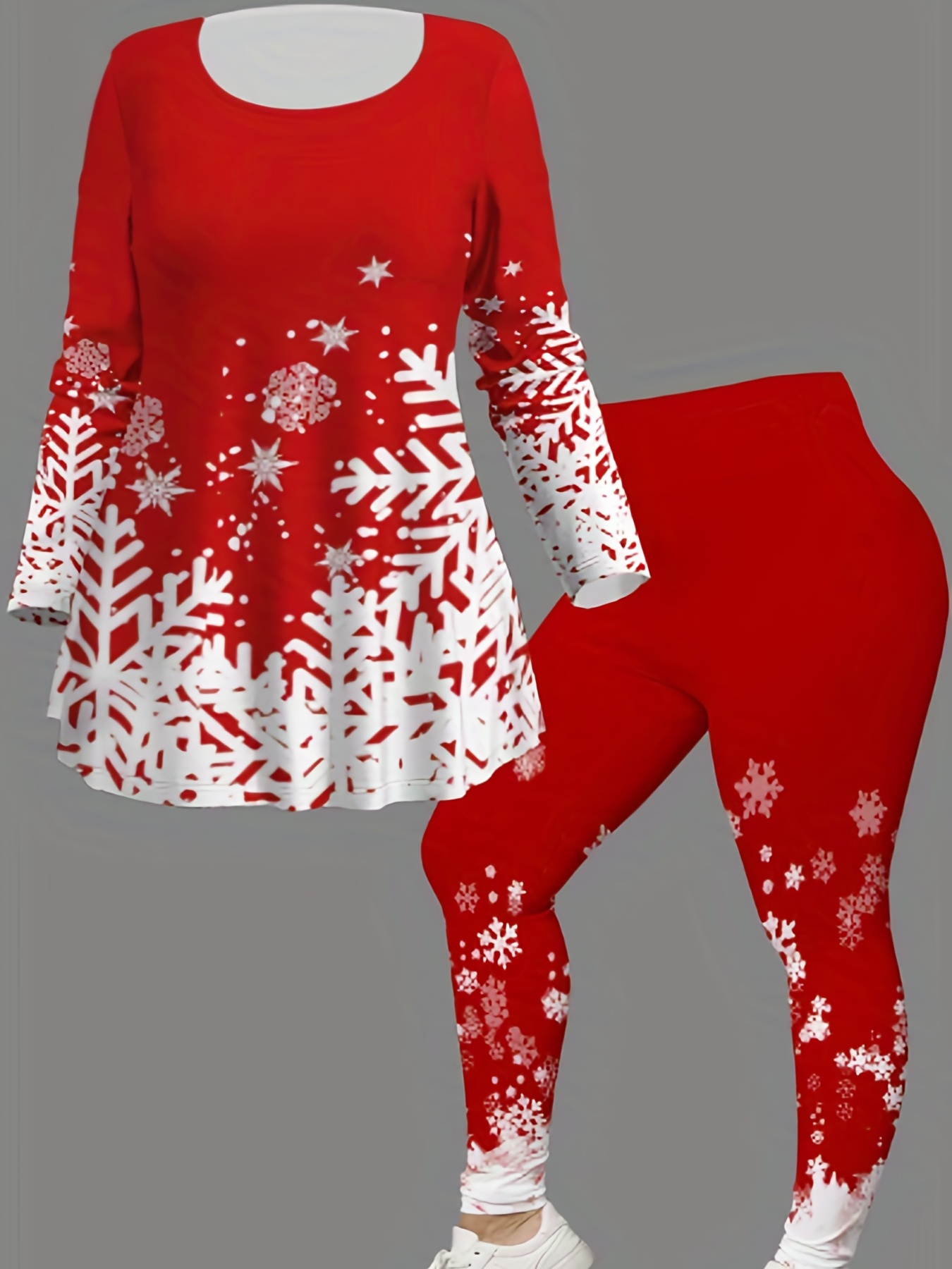 Plus Size Christmas Casual Outfits Two Piece Set, Women's Plus Snowflake  Print Long Sleeve Round Neck Top & Leggings Outfits 2 Piece Set