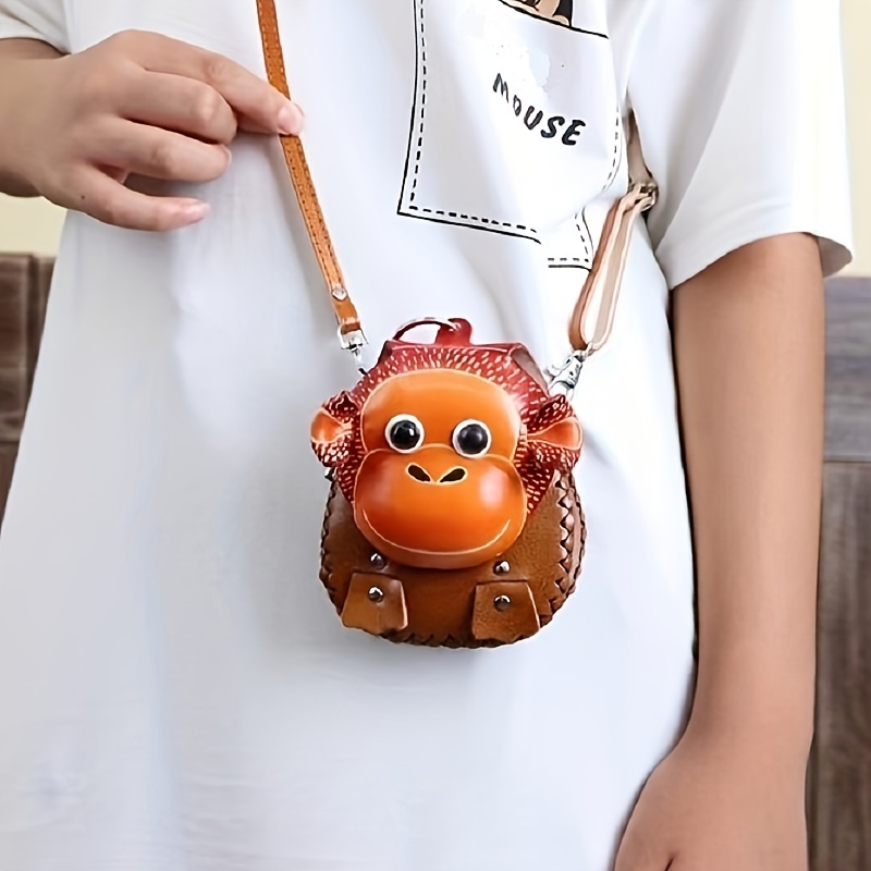 1pc Handmade Cowhide Leather Cartoon Monkey Shoulder Bags Crossbody Bags  Mini Portable Coin Purse Cute Handbag Keys Earphone Storage Bag Jewelry