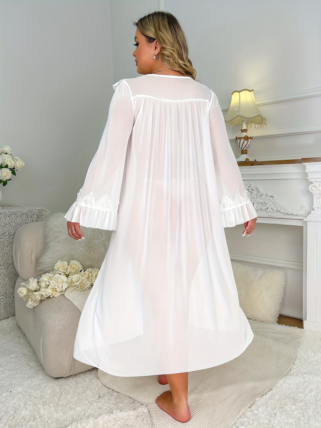 Plus Size Elegant Nightdress, Women's Plus Contrast Lace Ruffle Trim Long  Sleeve Flowy Nightgown, Vintage Smocked Dress