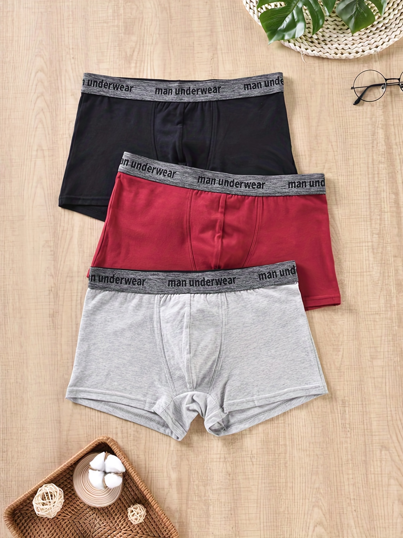 3pcs Men's 'man Underwear' Print Fashion Breathable Soft Comfortable Boxers  Briefs, Cotton Trunks, Elastic Stretch Underpants, Men's Underwear For Dai