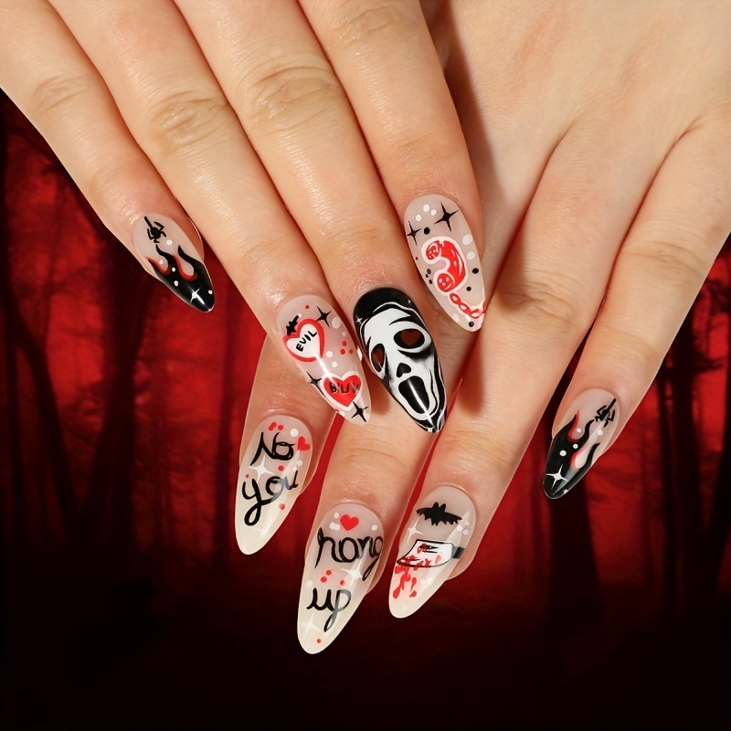  24 Pcs Long Coffin Fake Nails Halloween Press on Nails Cute  False Nails with Ghost Spider Web Moon Stars Designs Glossy Acrylic Nails  Full Cover Nude Glue on Nails Halloween Stick