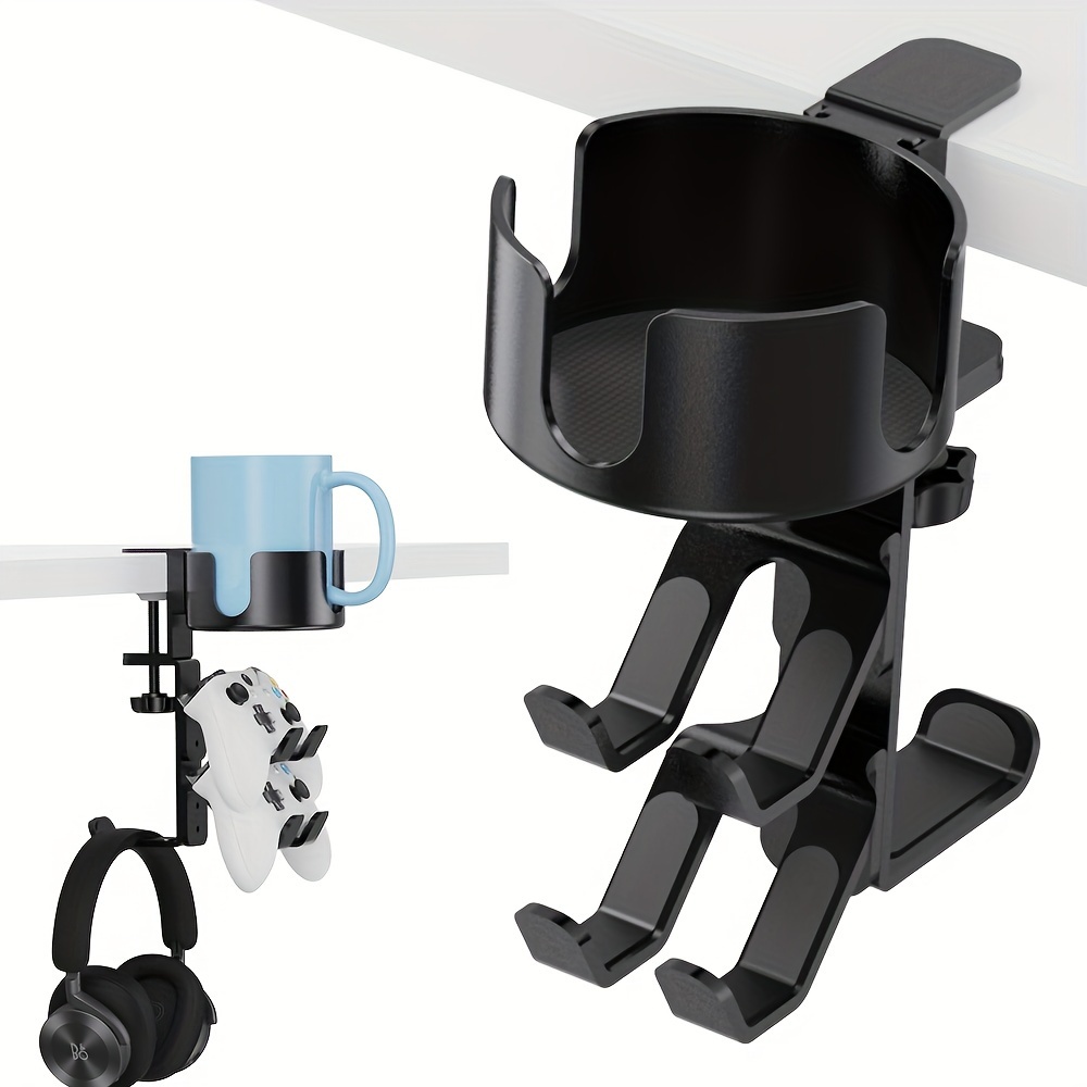 

3-in-1 Under Desk Clamp Headphone Stand With Rotatable Hooks, Metal Cup Holder & Controller Display - No Drill Installation