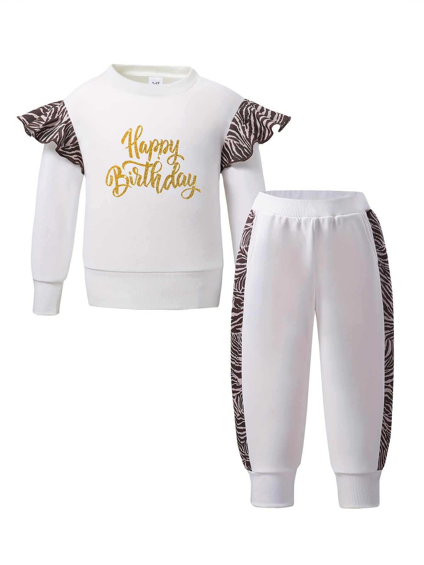 2-piece Toddler Girl Letter Print Ruffled Long-sleeve Top and Side Leopard Print Pants Set