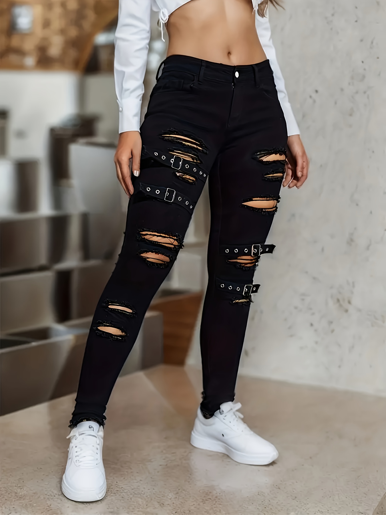 Ripped Holes Casual Skinny Jeans, High Waist Slim Fit Chic Tight Jeans,  Women's Denim Jeans & Clothing