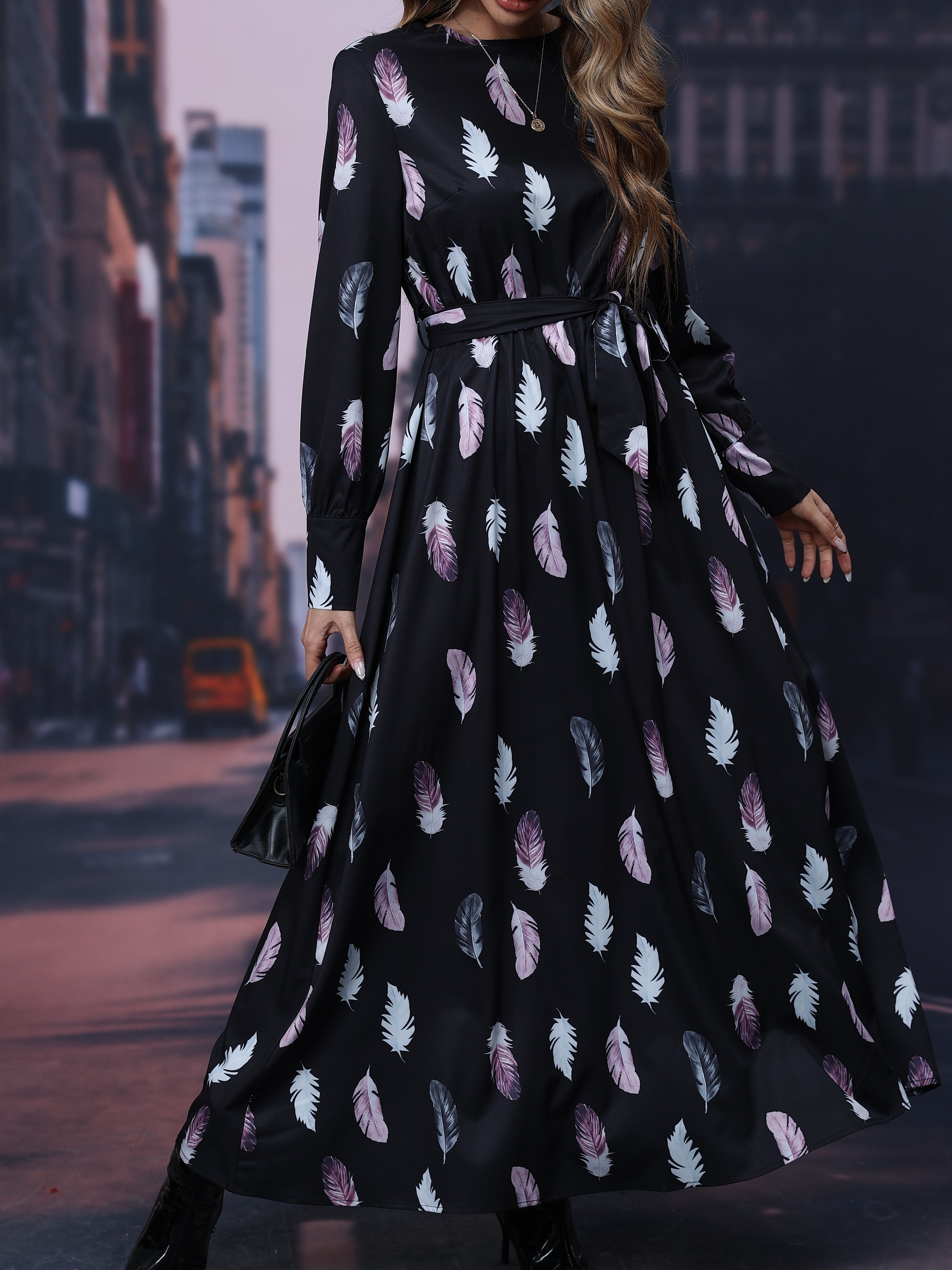 Feather print maxi store dress