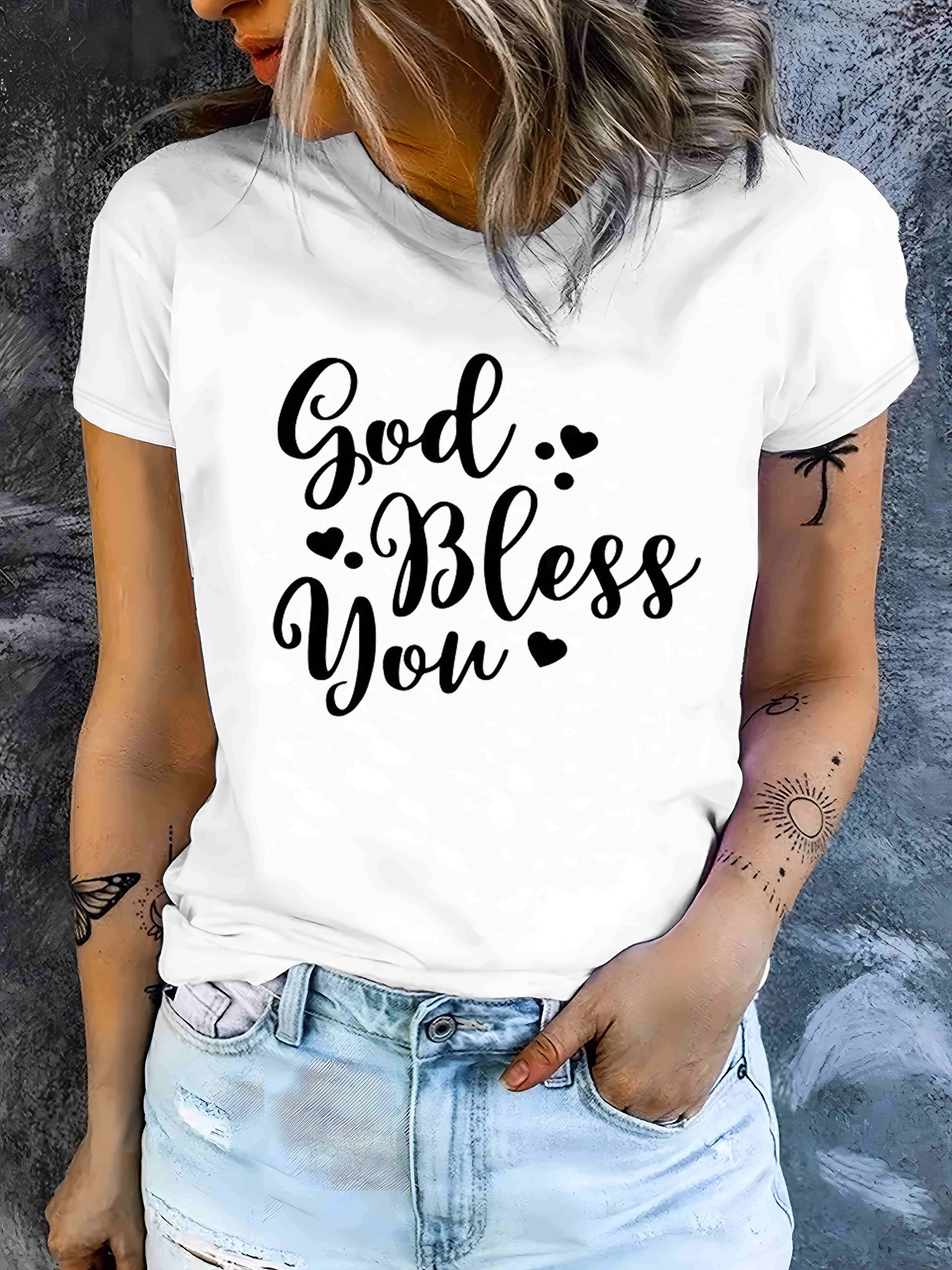 God Bless YouプリントクルーネックTシャツ、カジュアルな半袖夏トップ、女性の衣服