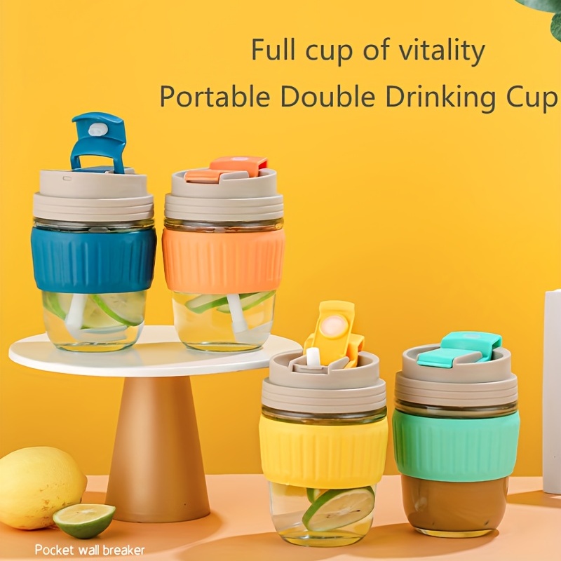 Dual Drink Glass Tumbler Cup with Silicone Sleeve and Straw-350ml