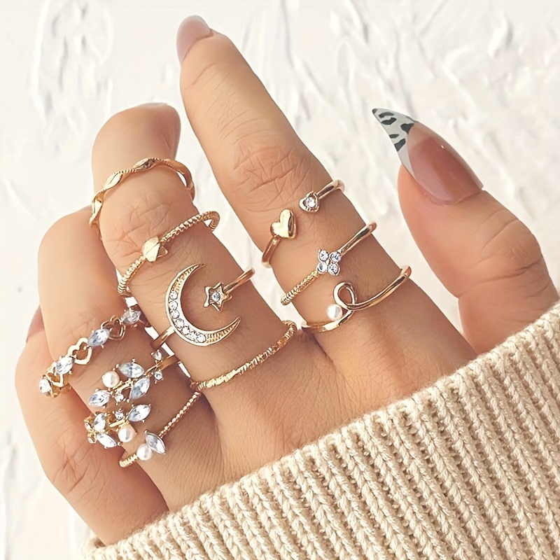 10pcs/Set Golden Hollow Leaf Moon Star Decor Ring Open Adjustable Ring  Elegant Jewelry Gift For Girls Party Jewelry
