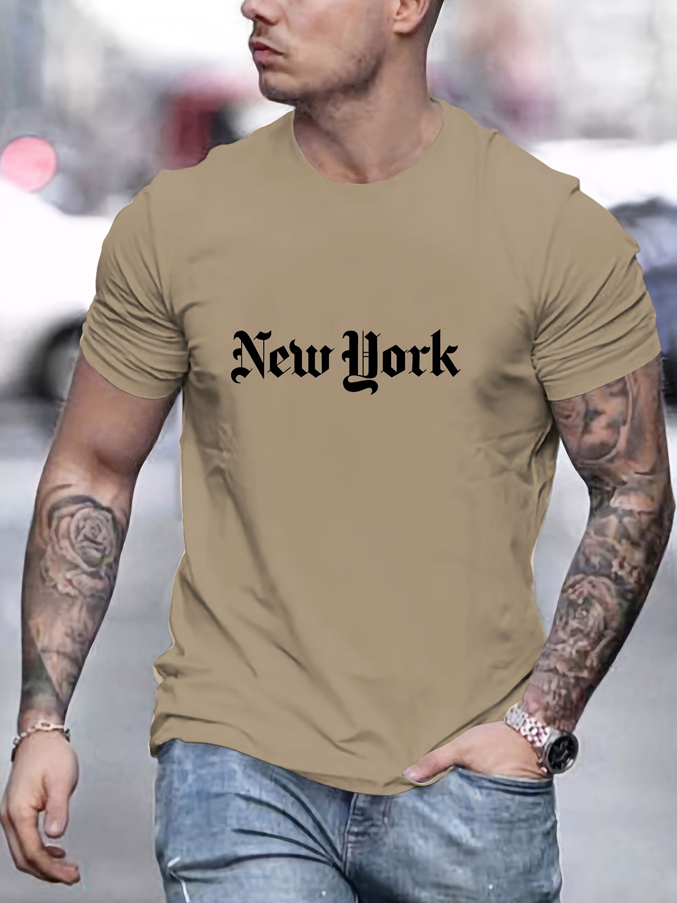 New York, Maglietta Casual A Maglia Morbida Leggermente Elasticizzata Con  Grafica A Collo Rotondo, Abbigliamento Maschile Per Lestate, Spedizione  Gratuita, Resi Gratuiti