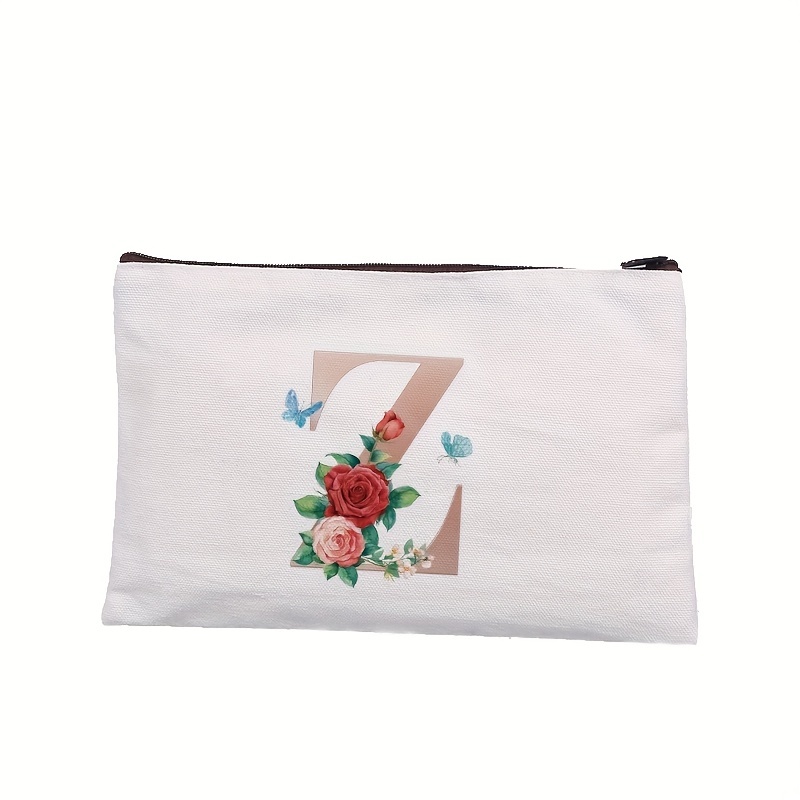 Rose Letter Printed Cosmetic Bag Canvas Makeup Pouch Lightweight