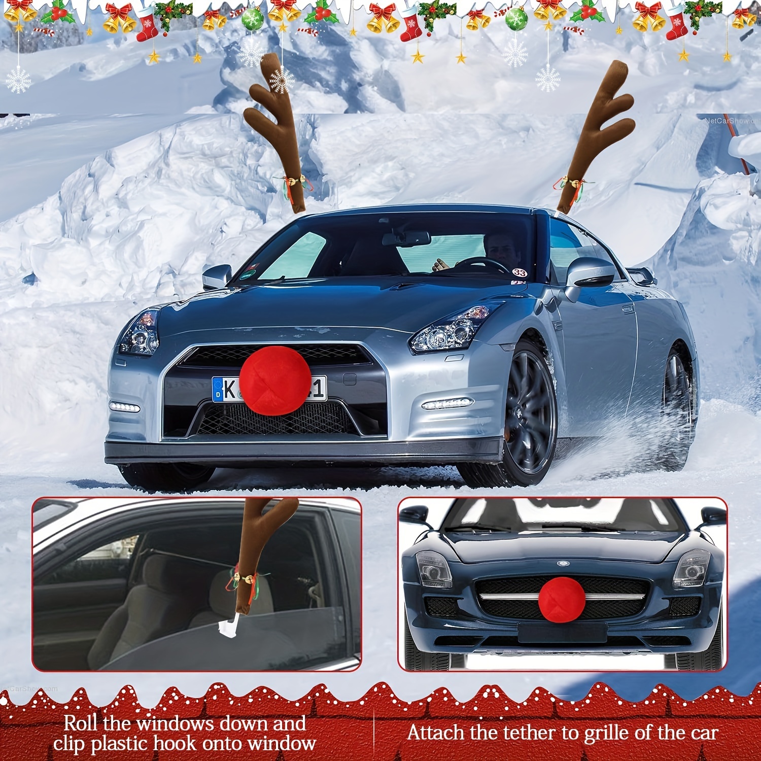 Car Reindeer Antlers & Nose Full Set - Christmas Decorations for Car -  Window Roof-Top & Grille Rudolph Reindeer Kit - Auto Holiday Accessories  Decoration Kit Best for Car SUV Van Truck 