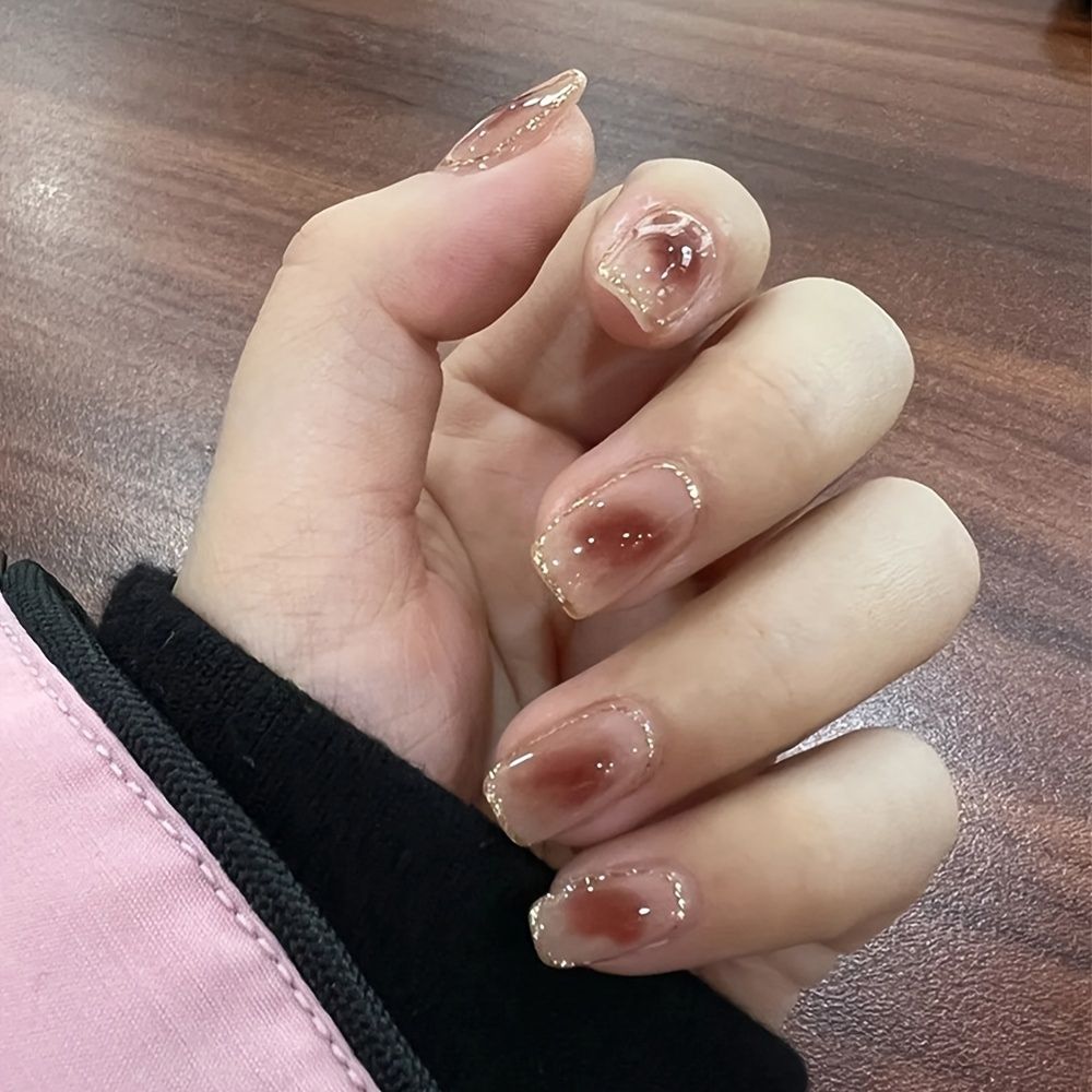 Short Square Press On Nails Glue On Nails Red Brown Gradient Fake Nails  Acrylic Glossy Full Cover False Nails For Women Girls - Beauty & Personal  Care - Temu
