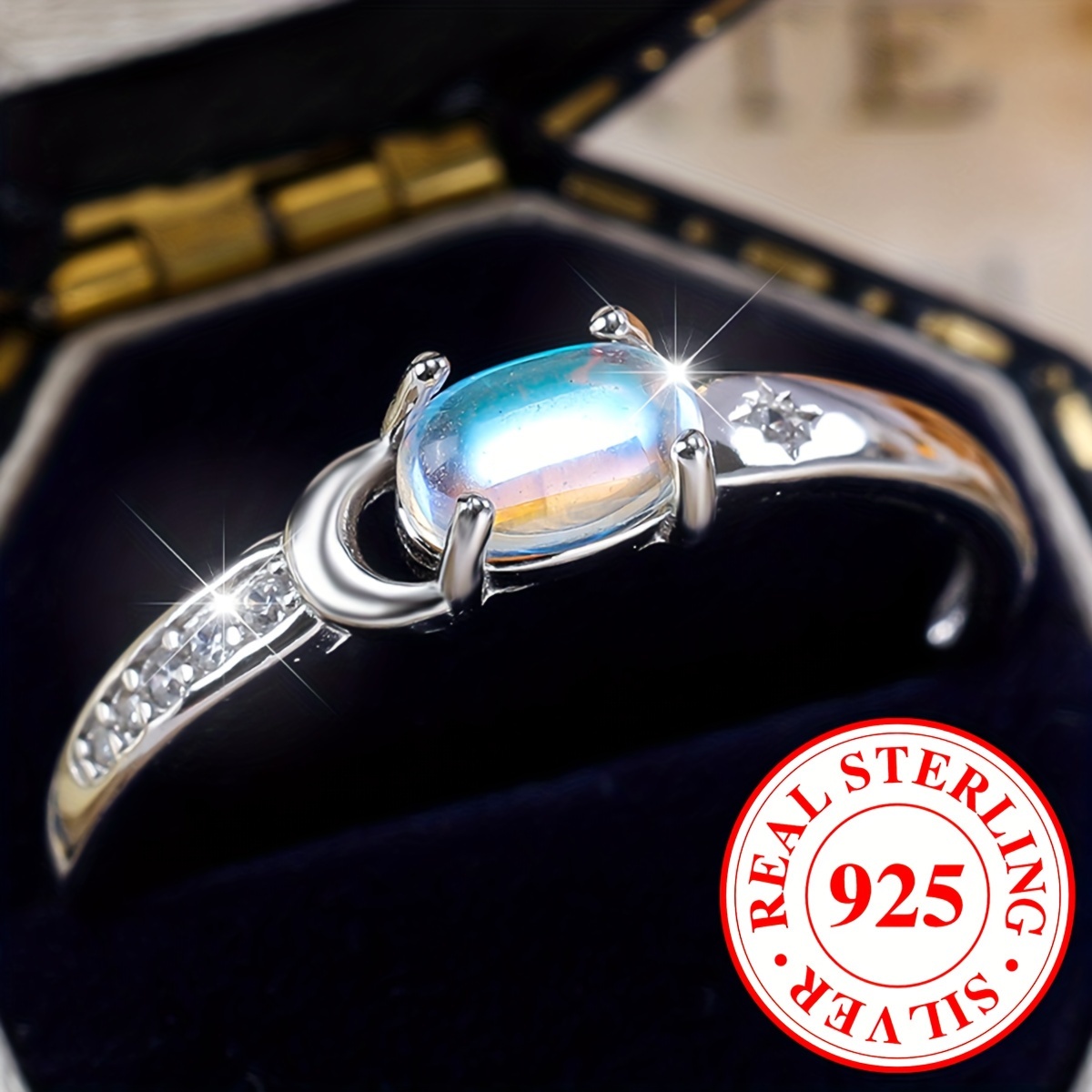 

925 Sterling Silver Band Ring Inlaid Shiny Moonstone Elegant Finger Ring Jewelry Engagement Ring For Eid, Ramadan