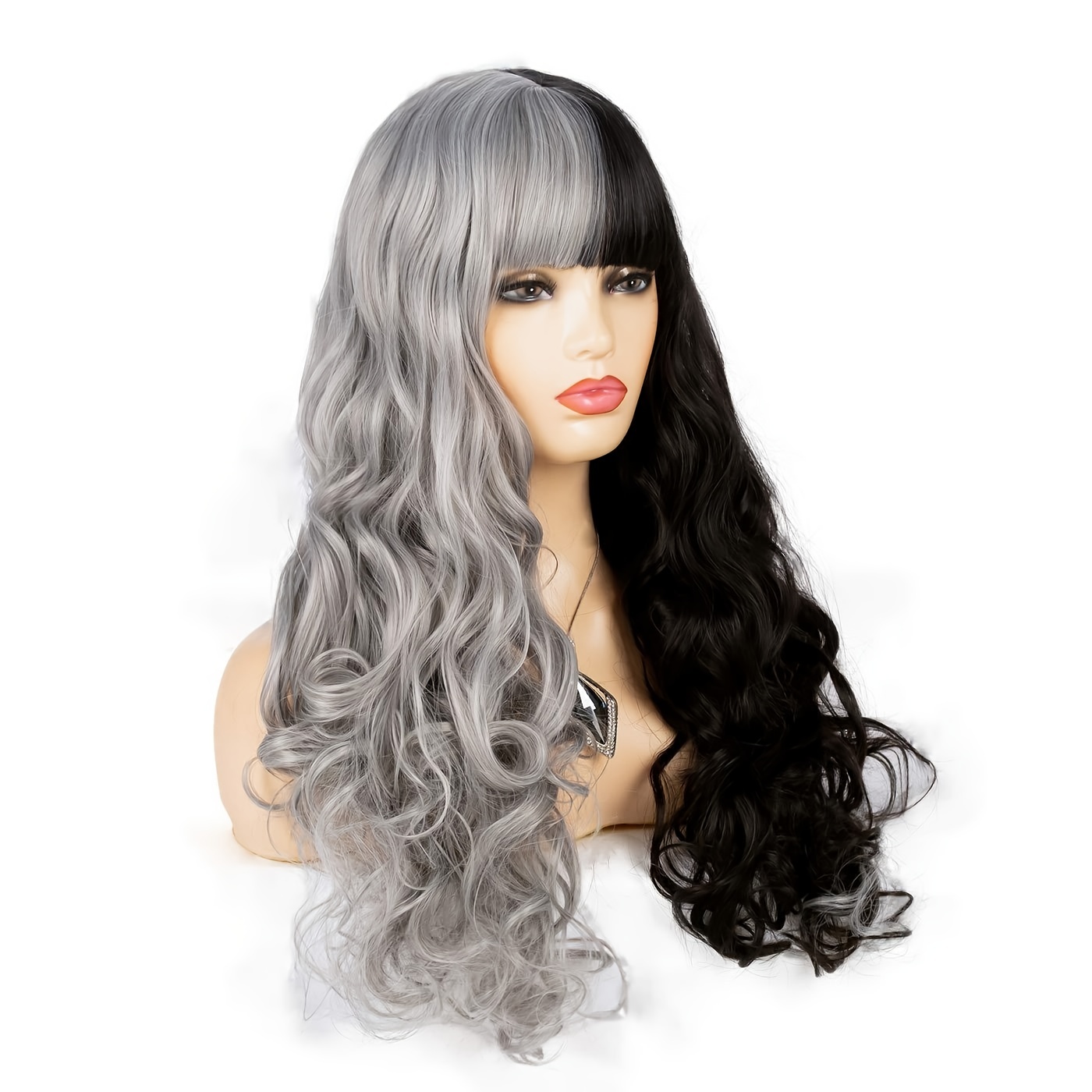 Half Black Grey Wig Bangs Long Curly Wavy Synthetic Heat Temu