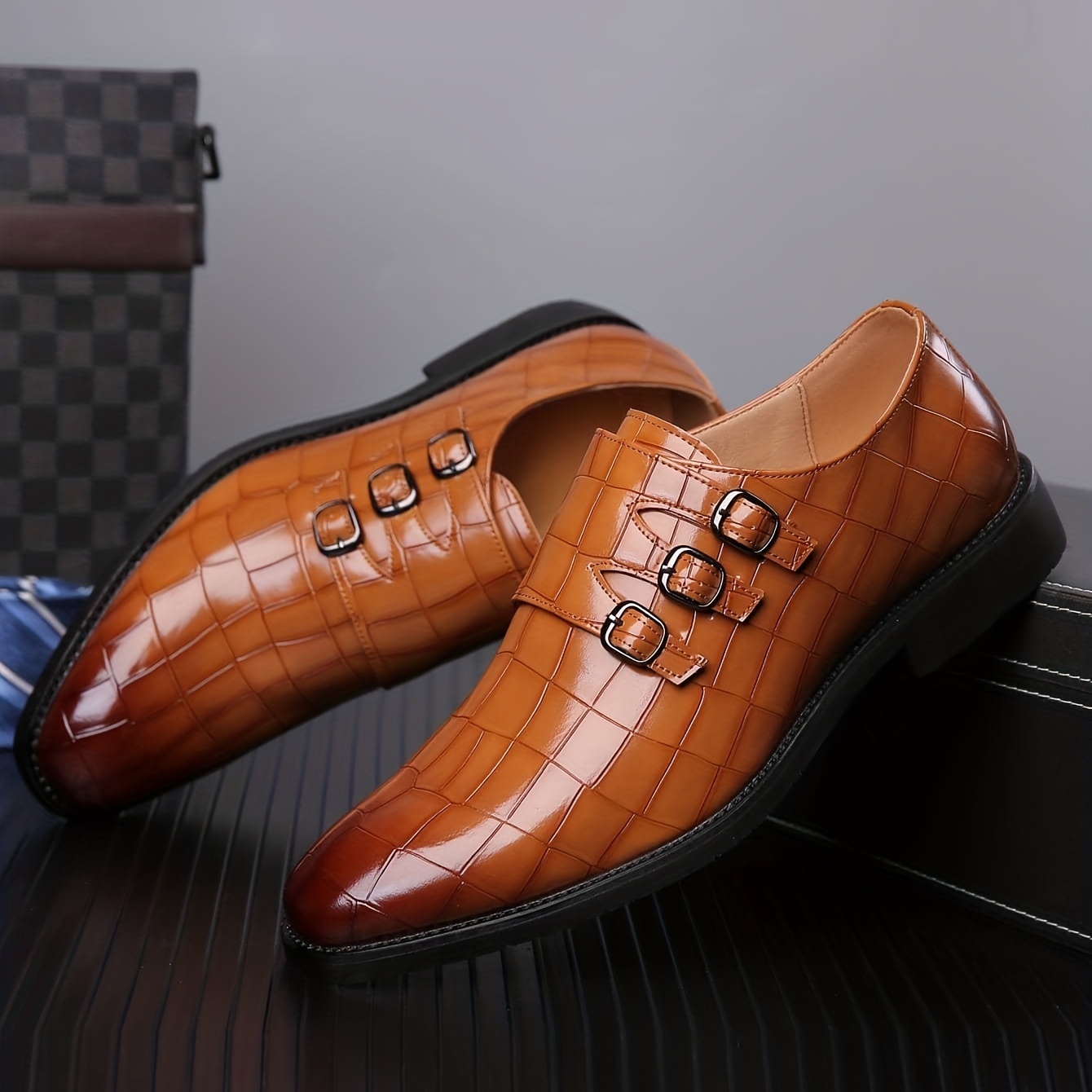 sapatos sociais masculinos modernos com estampa xadrez sem cadarço e fivela frete grátis para itens enviados de temu